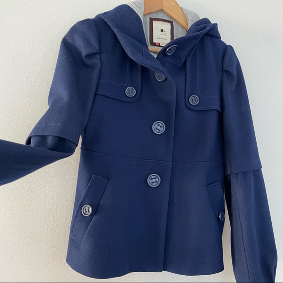 Anthro Elevenses Navy Wool Blend Hooded Coat 4 - Picture 2 of 7